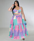 Plaid Sleeveless Blazer With Wide Skirt Set In Vibrant Colors