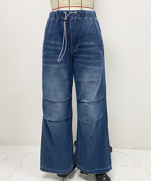 High-Waisted Pleated Wide-Leg Denim Trousers
