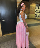 Fashionable Pink Checkered Print Belted Crop Top Dress