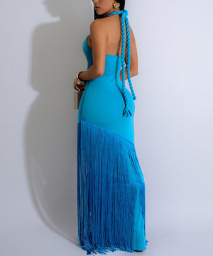 Fringed Sleeveless Long Dress with Flowing Skirt in Black Blue