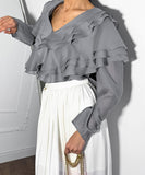Chic V-Neck Peplum Halter Long-Sleeved Shirt for Style
