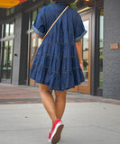 Plus Size Denim Cowl Neck Short Sleeve Puffy Skirt Dress