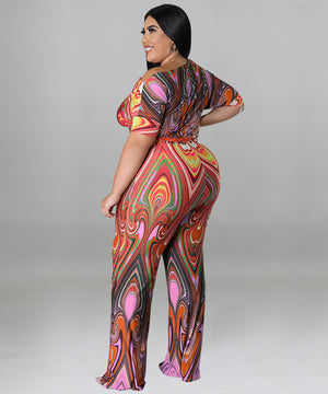 Elegant Diagonal Shoulder Ethnic Style Printed Jumpsuit Joy