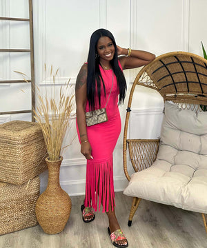 Solid Color Sleeveless Fringed Dress in Deep Pink Black Blue