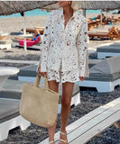 Beige Lace Blouse And Shorts Set Open Neck Long Sleeves