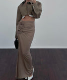 High Waisted Slit Pleated Flower Decorated Half Length Dress