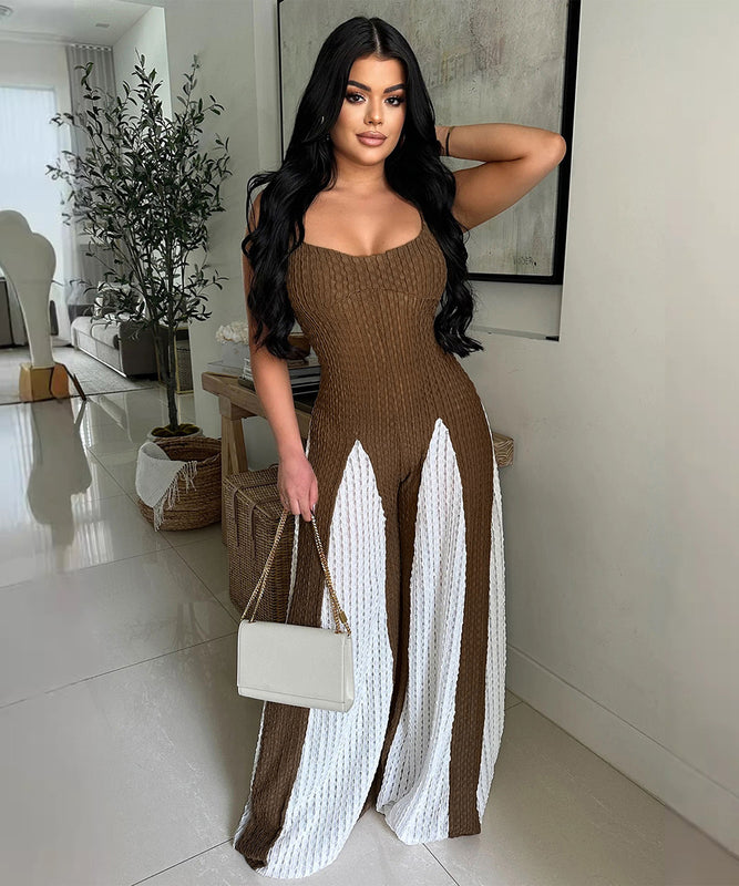 Sexy Sheer Wide-Leg Knitted Halter Top Color-Block Pants