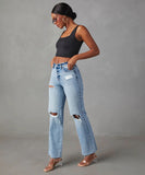 High-Waisted Fringed Jeans For Women Straight-Leg Blue