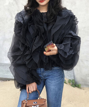 Ruffled Long Sleeve Polyester Top For Women Fashion