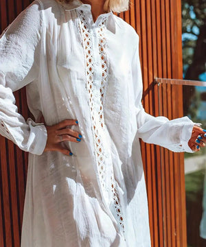 Hollow Lace Irregular Hem Blouse Perfect for Beach Days