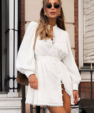 Chic Lace-up Ruffled Long-Sleeved Dress in Elegant White