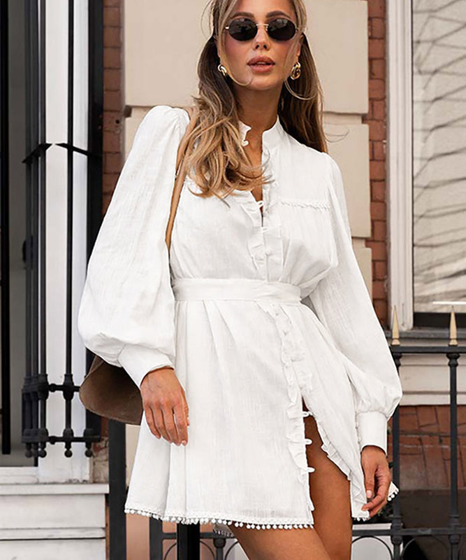 Chic Lace-up Ruffled Long-Sleeved Dress in Elegant White