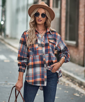 Collared Long Sleeve Pocket Casual Check Shirt Polyester