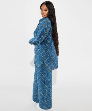 Denim Fringed Checked Cardigan with Stylish Dropped Shoulders