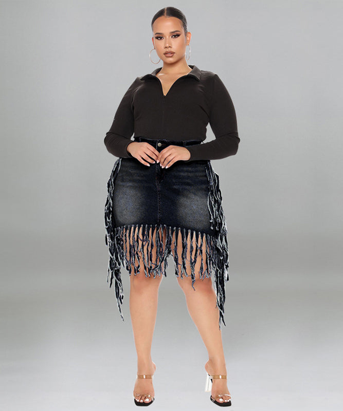 Plus Size Women's Denim Fringed Skirt in Black and Blue