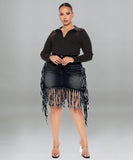 Plus Size Women's Denim Fringed Skirt in Black and Blue