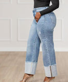 Blue Washed Long Jeans With Outward-Folded Cuffs For Comfort