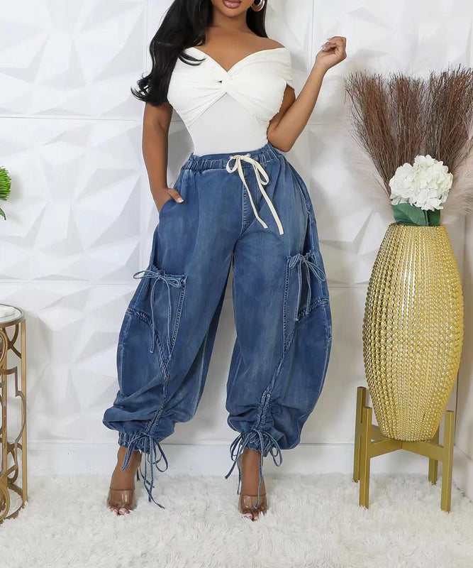 Loose Straight Leg Jeans With Drawstring Tie And Bow Detail