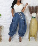 Loose Straight Leg Jeans With Drawstring Tie And Bow Detail