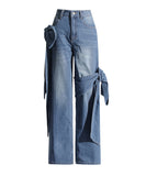 Aged Patchwork Bow Wide Leg Denim Pants for Stylish Comfort