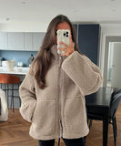 Solid Color Lambskin High Neck Woolen Coat Beige Warm