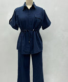 Casual Workwear Drawstring Shirt And Trousers Set Navy