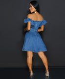 Blue Denim Casual Fitted Dress with Collect Waist Design
