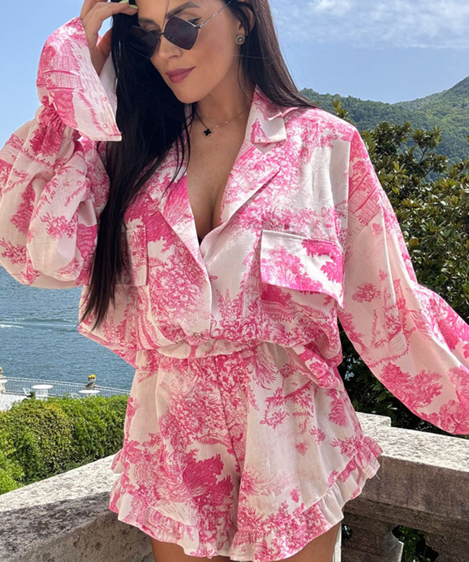 Flirty Ruffled Two-Piece Set with Printed Flared Sleeve Blouse and Shorts