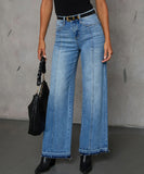 Women Distressed Denim Patchwork Wide Leg Pants Blue