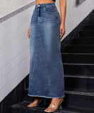 High-Waisted Denim Fringe Fishtail Skirt for Trendy Style