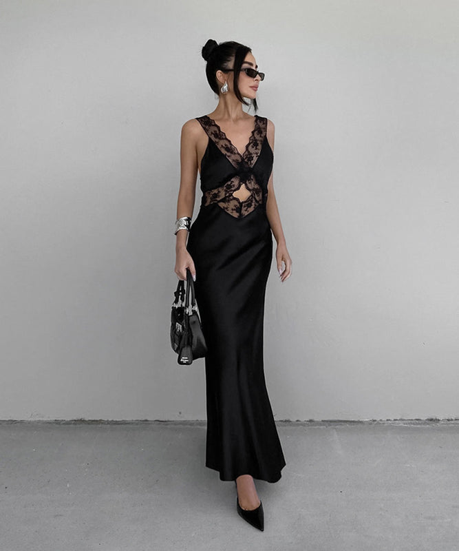 Alluring Sexy Cutout V-Neck Lace Fishtail Dress in Black