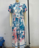 Casual Long Printed Dress with Cinched Waist in Blue