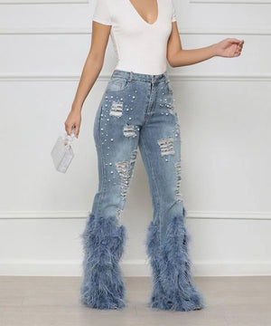 Fashionable Denim Jeans with Beaded and Fur Detailing