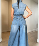 Relaxing Washed Denim Wide Leg Jumpsuit for Effortless Style