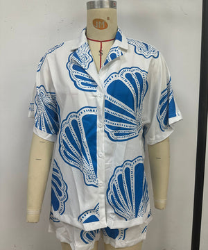 Relaxing Loose Printed V Neck Homewear Set Blue Polyester