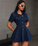 Casual Denim Blazer Dress with Cowl Neck and Short Sleeves