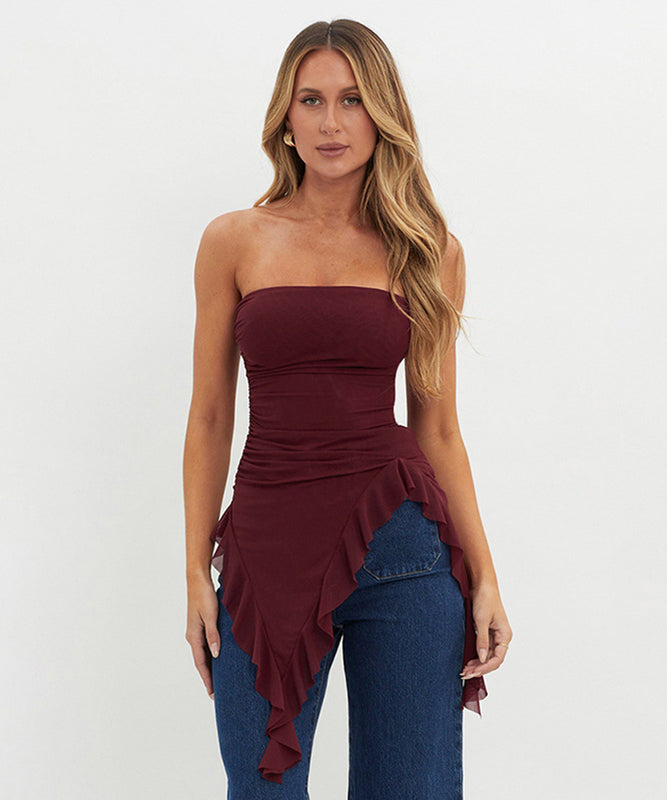 Chic Solid Color Slim-Fit Irregular Flounce High Waist Top