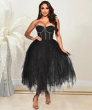 Rhinestone Strapless Net Dress Voluminous Silhouette Elegant Party Gown Sparkle Accents