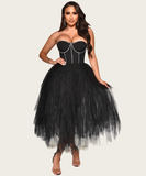 Rhinestone Strapless Net Dress Voluminous Silhouette Elegant Party Gown Sparkle Accents