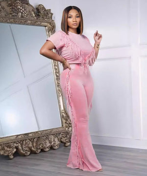 Solid Color Short Sleeve Stretch Fringed Clothing Set