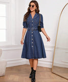 Curved Fitted Denim Dress with Short Sleeves and Waist Detail