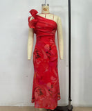 Figure-Hugging Sleeveless Dress with 3D Floral Accents
