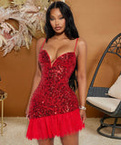 Glamorous Sequin Halter Spliced Lotus Hem Dress Elegance
