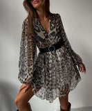 Charming Leopard Print Dress with Doll Collar and Elegant Long Sleeves
