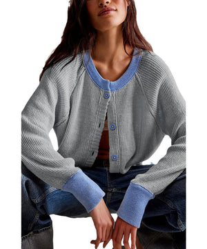 Chic Contrast Knit Crewneck Cardigan