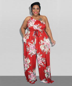 Chic Casual Jumpsuit With Large Floral Print in Red