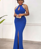 Chic Halter and Shoulder Pearl Chain Accessorize Halter Split Dress