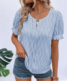 Chic V-Neck Puffed Sleeve Jacquard Casual Loose T-Shirt