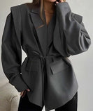 Classic Waist Cinching Belted Padded-Shoulder Jacket