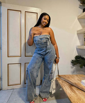 Women?€?s High-Waisted Denim Jumpsuit in Hip-Hop Style